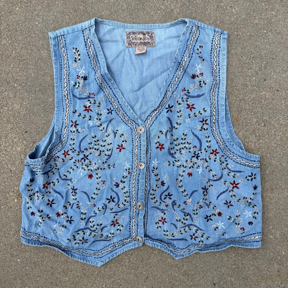 Vintage 90s Tantrum Blues Floral Embroidered Boho Cottagecore Denim Vest 1X